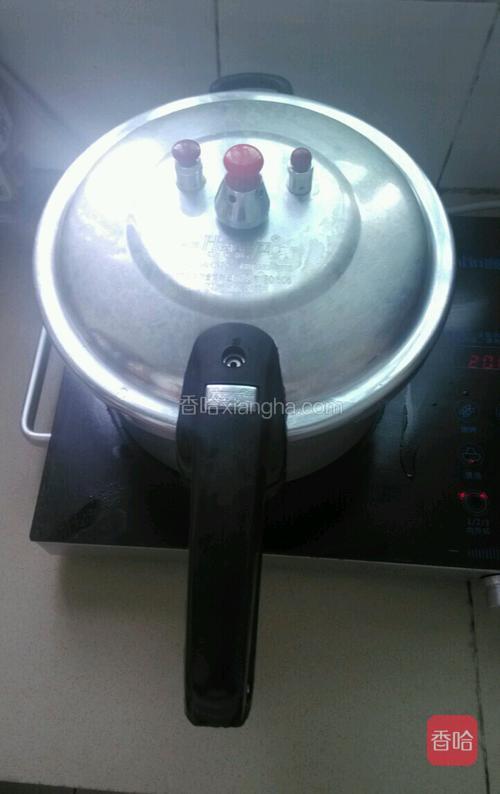 现在关紧高压锅盖,开火,大火炖至出气,再改小火炖10分钟.